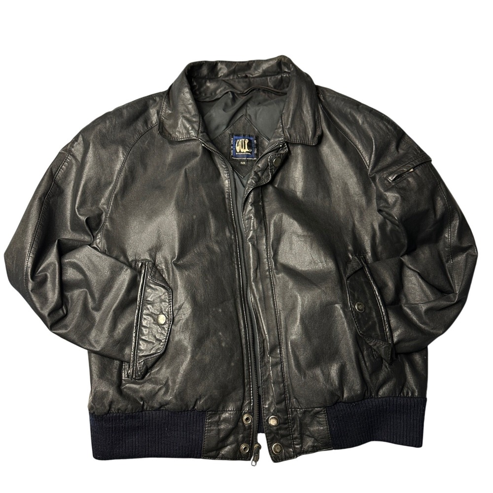 Vintage Oui International Black Leather Bomber Jacket Size 40